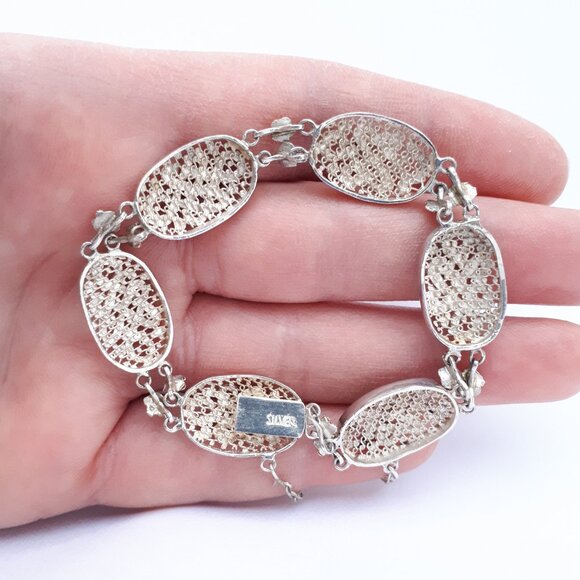 VINTAGE 925 Silver Filigree Lace Oval Link Bracelet with Black and Red Enamel - Picture 5 of 7